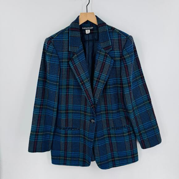 Vintage Savannah Plaid Wool Blend Blazer Blue Checkered Jacket Size 10 - Picture 1 of 8